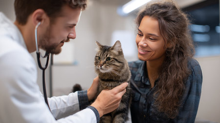 Close up of veterinarian checking cat's heart with stethoscope in clinic. Injury recovery, healthcare concept, pet treatment and prevention, trust and care. Caring for our smaller brothers.の素材