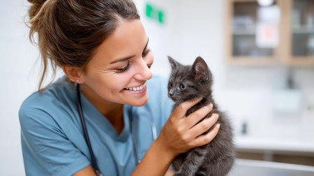 Close up of veterinarian checking cat's heart with stethoscope in clinic. Injury recovery, healthcare concept, pet treatment and prevention, trust and care. Caring for our smaller brothers.の素材