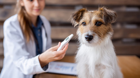 Smiling young veterinarian in blue coat holding dog providing compassionate care in modern veterinary clinic smiling at camera. Injury recovery, healthcare concept, pet treatment and prevention, trust and care. Caring for our smaller brothers.の素材