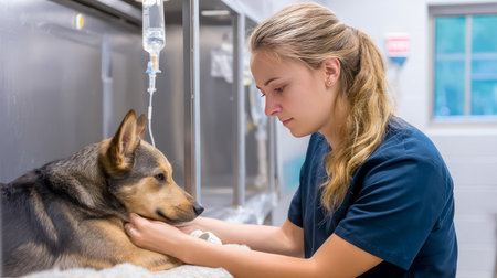 Smiling young veterinarian in blue coat holding dog providing compassionate care in modern veterinary clinic smiling at camera. Injury recovery, healthcare concept, pet treatment and prevention, trust and care. Caring for our smaller brothers.の素材
