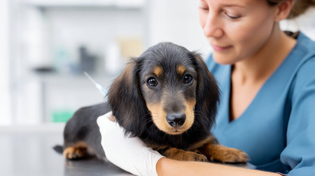 Smiling young veterinarian in blue coat holding dog providing compassionate care in modern veterinary clinic smiling at camera. Injury recovery, healthcare concept, pet treatment and prevention, trust and care. Caring for our smaller brothers.の素材