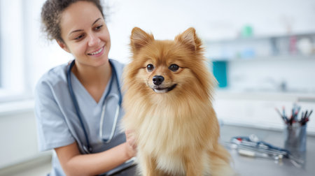 Smiling young veterinarian in blue coat holding dog providing compassionate care in modern veterinary clinic smiling at camera. Injury recovery, healthcare concept, pet treatment and prevention, trust and care. Caring for our smaller brothers.の素材