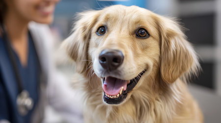 Smiling young veterinarian in blue coat holding dog providing compassionate care in modern veterinary clinic smiling at camera. Injury recovery, healthcare concept, pet treatment and prevention, trust and care. Caring for our smaller brothers.の素材