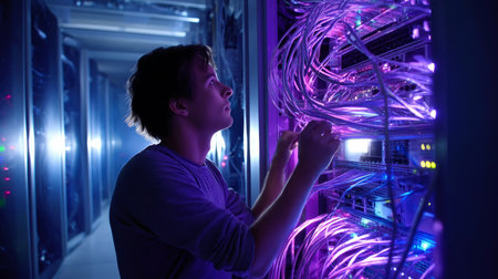 Male technician reading meter readings with tablet. Industrial equipment maintenance engineer. Electrician inspecting and checking electrical equipment.の素材