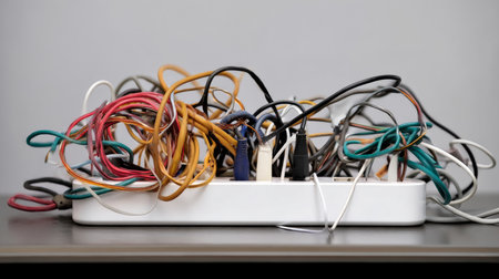 Fire in an electrical plug, socket, partition, short circuit in an electrical wire that causes the wire to catch fire. Overloading of extension cords, sockets and power lines. Danger of short circuit and fire.の素材