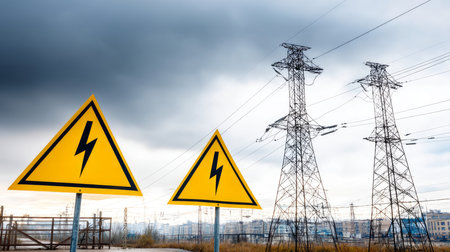 Power plant with transformers and high-voltage power lines. Top view. Sign warning of high voltage and danger.の素材
