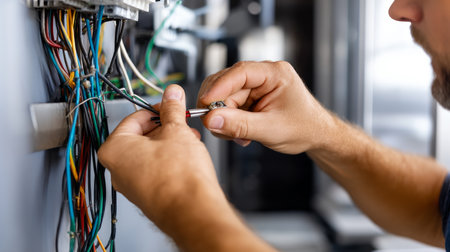 Male technician reading meter readings with tablet. Industrial equipment maintenance engineer. Electrician inspecting and checking electrical equipment.の素材