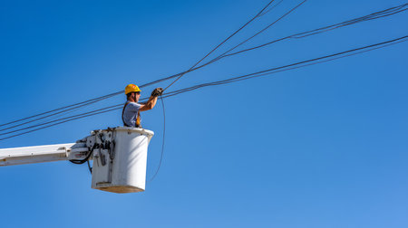 Industry, engineer, construction concept. Work on high voltage supports with lighting. Industrial maintenance engineer in uniform and protective helmet undergoes inspection and testingの素材