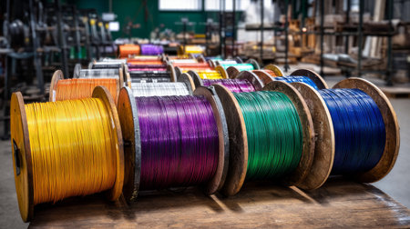 Spools of electrical wire in yellow, blue, purple, black and white: A close-up photo of spools of electrical wire, each wound with a different color of wire, in a warehouseの素材