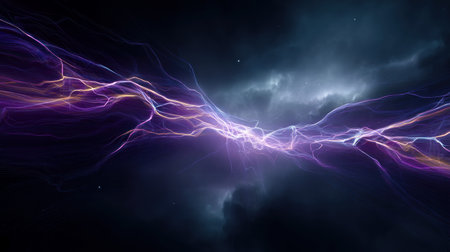 Electromagnetic field visualization, neon colors and flowing current lines. Chaotic lightning grid pattern, bright electric energy on dark tech grid. Energy wave color gradient, abstract electric particles in motion.の素材