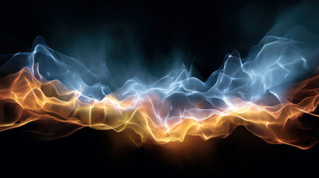 Electromagnetic field visualization, neon colors and flowing current lines. Chaotic lightning grid pattern, bright electric energy on dark tech grid. Energy wave color gradient, abstract electric particles in motion.の素材