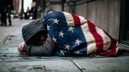 Homeless man sleeping on the sidewalk in the USA, hiding behind an American flag.の素材