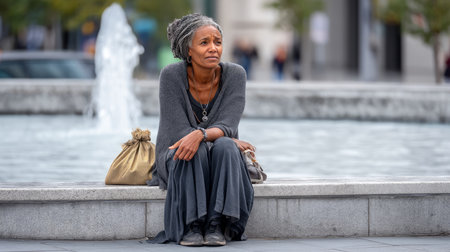 A homeless woman with a weathered face, sitting on the edge of a fountain in a city plaza, holding a small bag of belongings.の素材