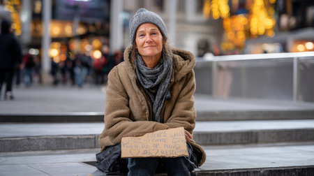 A homeless woman sitting on the steps of a public building, with a handwritten sign asking for help, surrounded by the bustling holiday shoppers.の素材