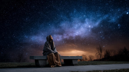 A homeless person wrapped in layers of clothing, sitting on a concrete bench in a park, looking up at the starry sky.の素材
