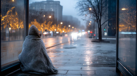 A homeless person wrapped in a blanket, sitting at a bus stop on a rainy day, with empty streets in the background.の素材