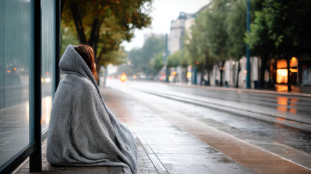 A homeless person wrapped in a blanket, sitting at a bus stop on a rainy day, with empty streets in the background.の素材
