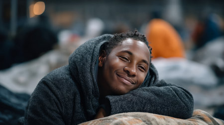 A homeless person resting on a worn-out mat in a shelter, surrounded by others, with a faint smile of gratitude.の素材