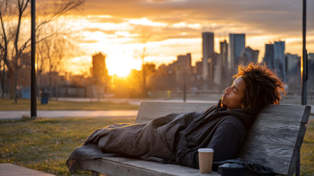 A homeless person lying on a bench in a city park, with an empty cup and a few scattered belongings, as the sun sets behind the skyline.の素材