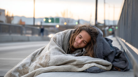 A homeless person bundled up in a worn blanket, sleeping under a bridge in the early morning light.の素材