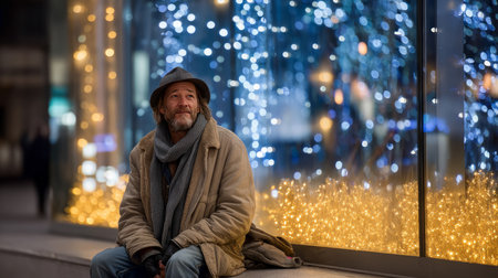 A homeless man with a tattered coat, resting in front of a brightly lit holiday window display, with festive lights around him.の素材