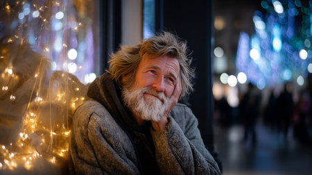 A homeless man with a tattered coat, resting in front of a brightly lit holiday window display, with festive lights around him.の素材