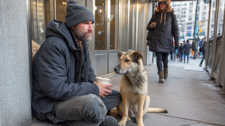 A homeless man with a dog, sitting near a subway entrance, holding a cup for donations, while people walk past.の素材