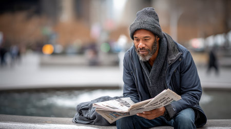 A homeless man with a beanie hat, sitting near a public fountain, reading a newspaper with the headline about the city's winter storm.の素材