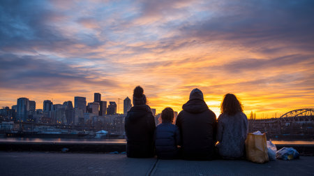A homeless family sitting on the sidewalk with small bags of belongings, looking out over a city skyline at sunset.の素材