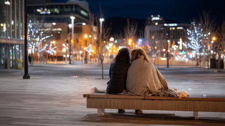 A homeless couple sharing a blanket on a bench in the cold, with empty streets and bright Christmas lights in the distance.の素材