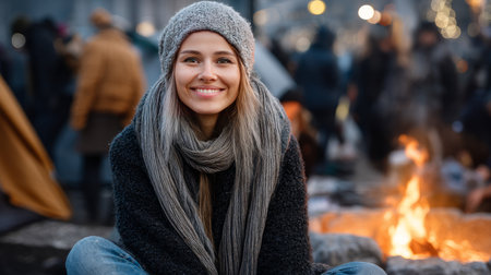 Positive homeless woman sitting on the street near a fire surrounded by other people, real photo, Christmas concept.の素材