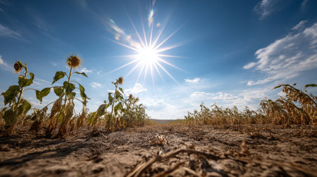 Wilted sunflower field under hot, cloudless skyの素材