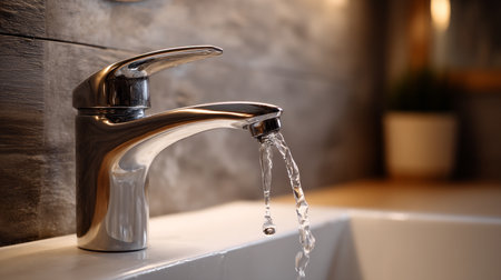 Water flows from the tap, water saving concept. Water crisis and water shortages in summer during prolonged droughtの素材