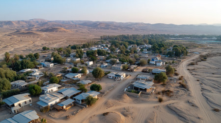 Urban city surrounded by dry, desertified land. Water crisis and water shortages in summer during prolonged droughtの素材