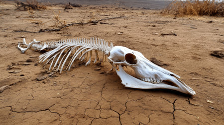 Skeleton of a cow lying in a drought-ravaged field. Water crisis and water shortages in summer during prolonged droughtの素材