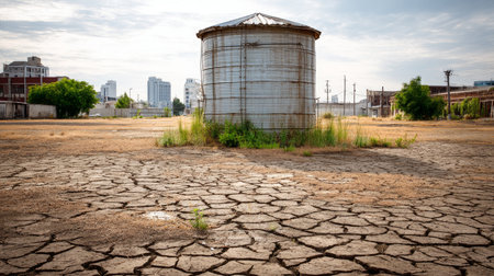 Rainwater tank standing empty in a cracked yard. Water crisis and water shortage in summer during long drought is a global problem of drought on the planetの素材