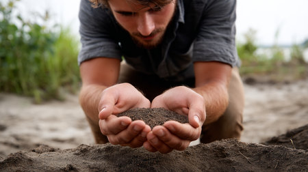 Man kneeling, sifting dry soil through fingers. Water crisis and water shortage in summer during long drought is a global problem of drought on the planetの素材