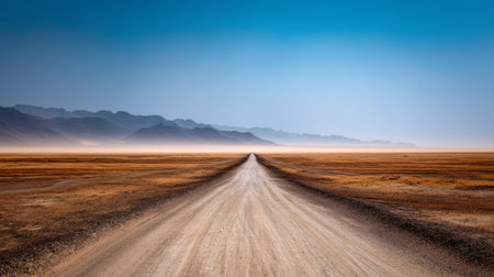 Long road through dry wasteland, heat distortion visible. Water crisis and water shortage in summer during long drought is a global problem of drought on the planetの素材