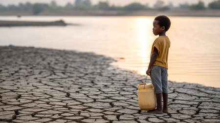 Little boy waiting for drinking water to survive the drought. Water crisis and water shortage in summer during long drought is a global problem of drought on the planetの素材