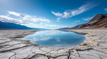 Lifeless lake surrounded by cracked salt flats. Water crisis and water shortage in summer during long drought is a global problem of drought on the planetの素材