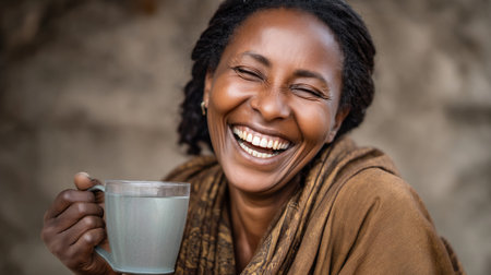 Laughing woman in Africa close up with a mug of water, concept of drought and water shortage. Water crisis and water shortage in summer during long drought is a global problem of drought on the planetの素材