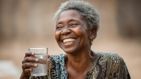 Laughing old woman with gray hair in Africa close up with a mug of water, concept of drought and water shortage. Water crisis and water shortage in summer during long drought is a global problem of drought on the planetの素材