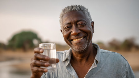 Laughing old man with gray hair in Africa close up with a mug of water, concept of drought and water shortageの素材