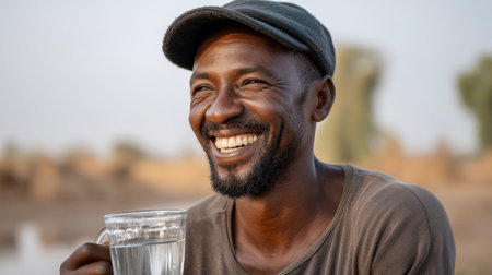 Laughing man in Africa close up with a mug of water, concept of drought and water shortage. Water crisis and water shortage in summer during long drought is a global problem of drought on the planetの素材