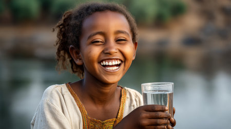 Laughing girl in Africa close-up with a mug of water, concept of drought and water shortage. Water crisis and water shortage in summer during long drought is a global problem of drought on the planetの素材