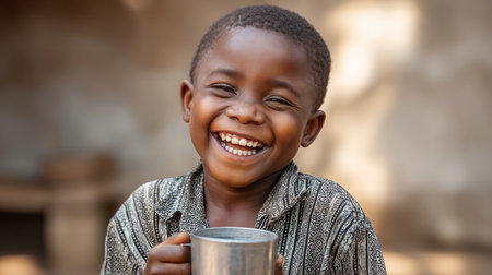 Laughing boy in Africa close up with a mug of water, concept of drought and water shortage. Water crisis and water shortage in summer during long drought is a global problem of drought on the planetの素材
