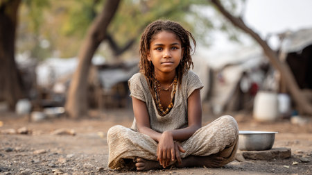 Homeless girl sits on the ground and asks for food, problems of water shortage, poverty, drought, poverty. Water crisis and water shortage in summer during long drought is a global problem of drought on the planet.の素材