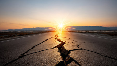 Heat waves distorting view over cracked asphalt road. Water crisis and water shortage in summer during long drought is a global problem of drought on the planetの素材