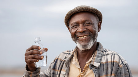 Happy little thirsty old man with a bottle of clean fresh drinking water in his hand in Africa, shortage of clean water. Water crisis and water shortage in summer during long drought is a global problem of drought on the planet.の素材
