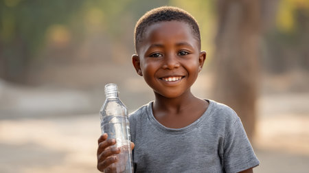 Happy little thirsty guy with a bottle of clean fresh drinking water in his hand in Africa, shortage of clean water. Water crisis and water shortage in summer during long drought is a global problem of drought on the planetの素材